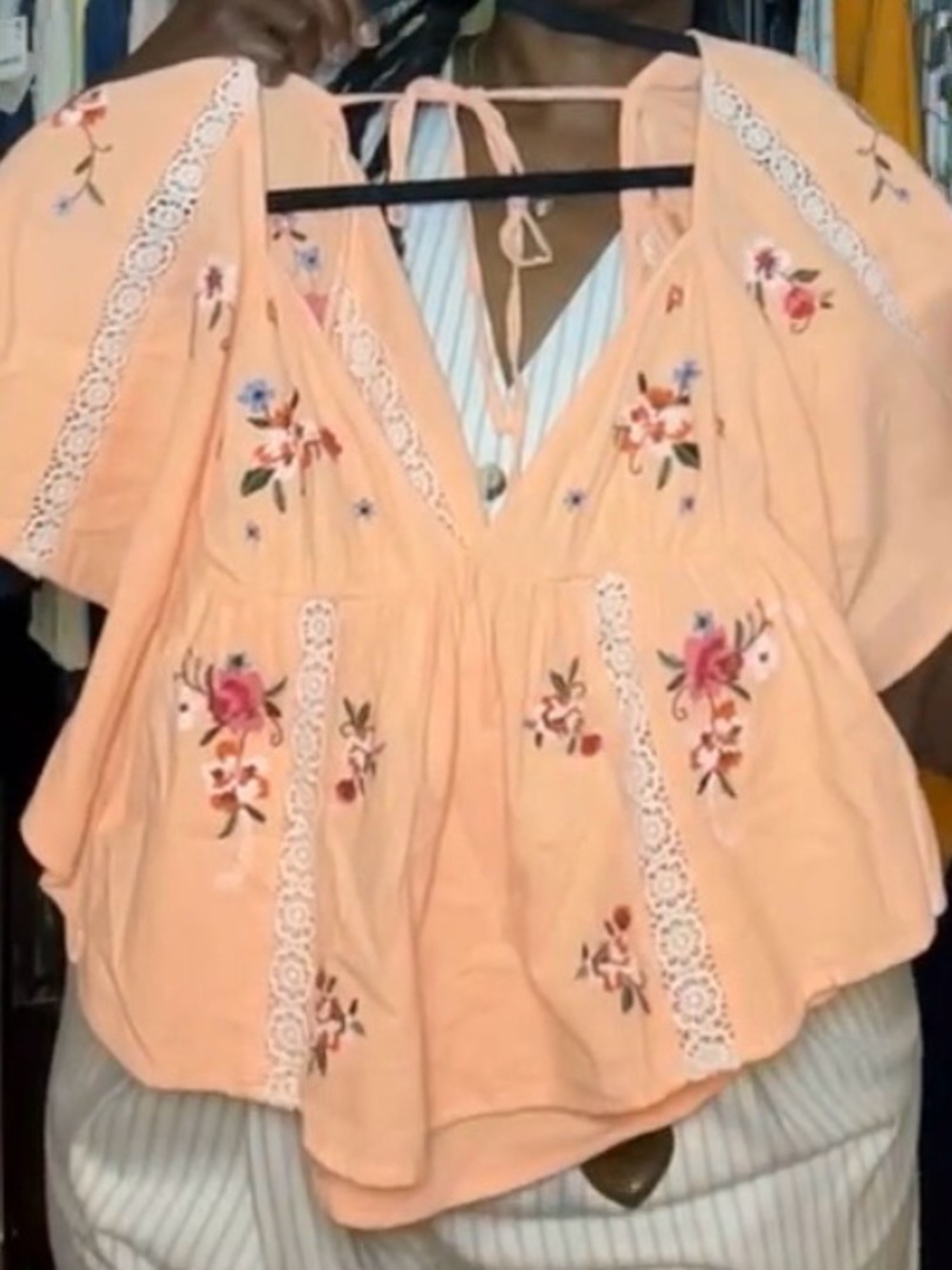 Free People Peach Floral Embroidered Peplum Blouse
